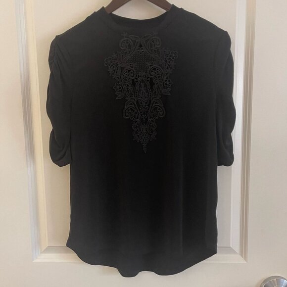 Sweet Rain Tops - Vintage Women's Black Top Lace cutout Neck Blouse Casual Shirt Tshirt Tee Size M